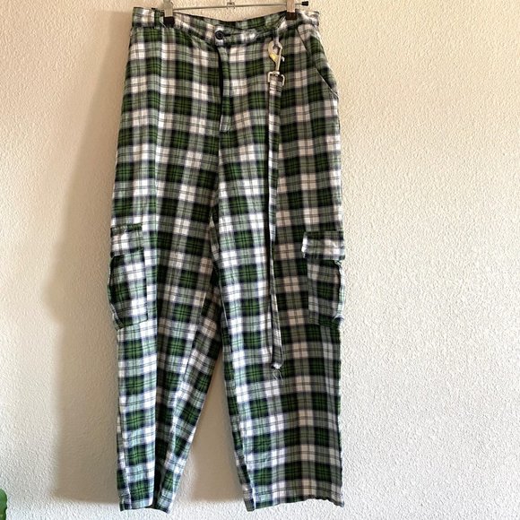 The Ragged Priest Escape Cargo Pants Wide Leg High Waist Plaid Trousers Green - Picture 5 of 10